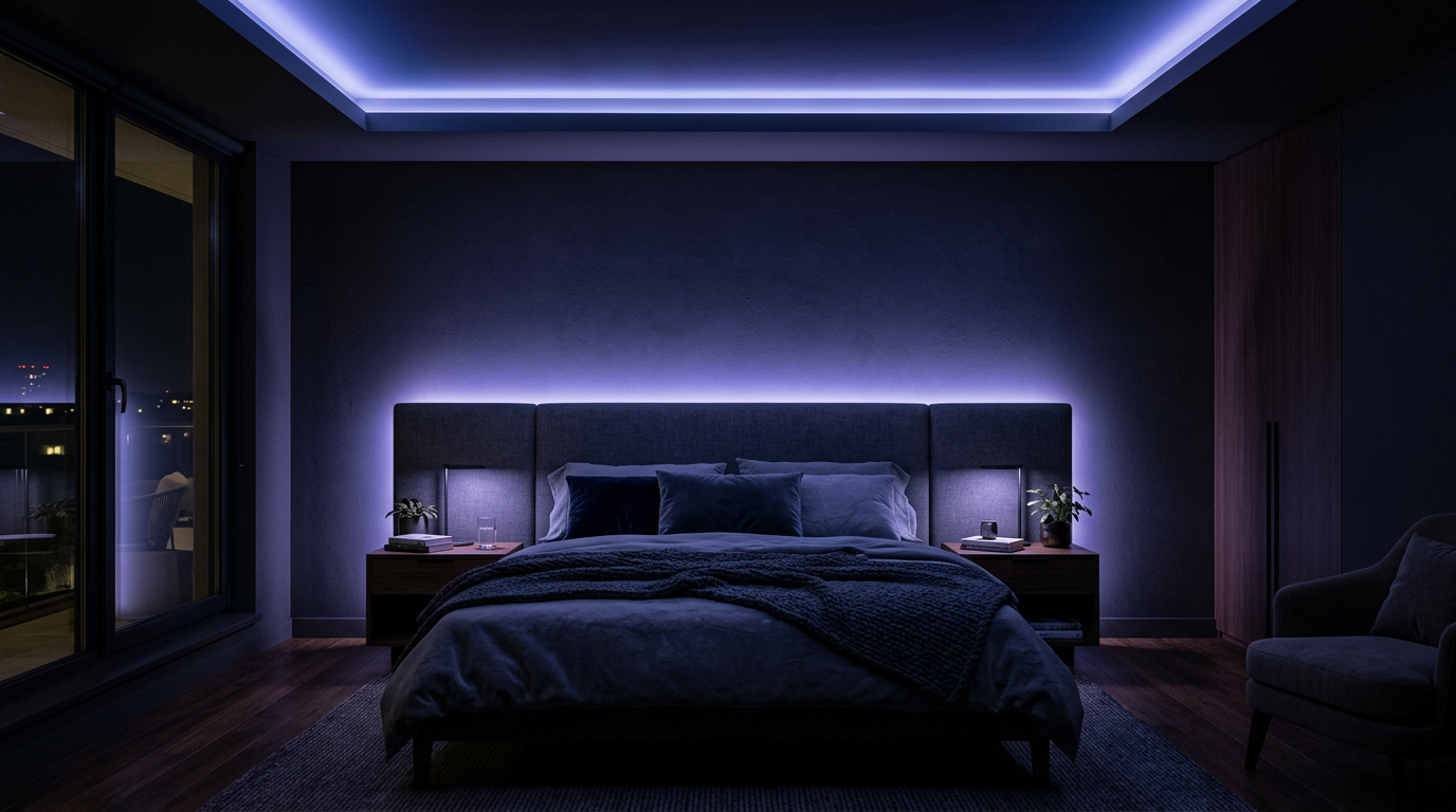 Quarto moderno com iluminação ambiente LED azul e roxo