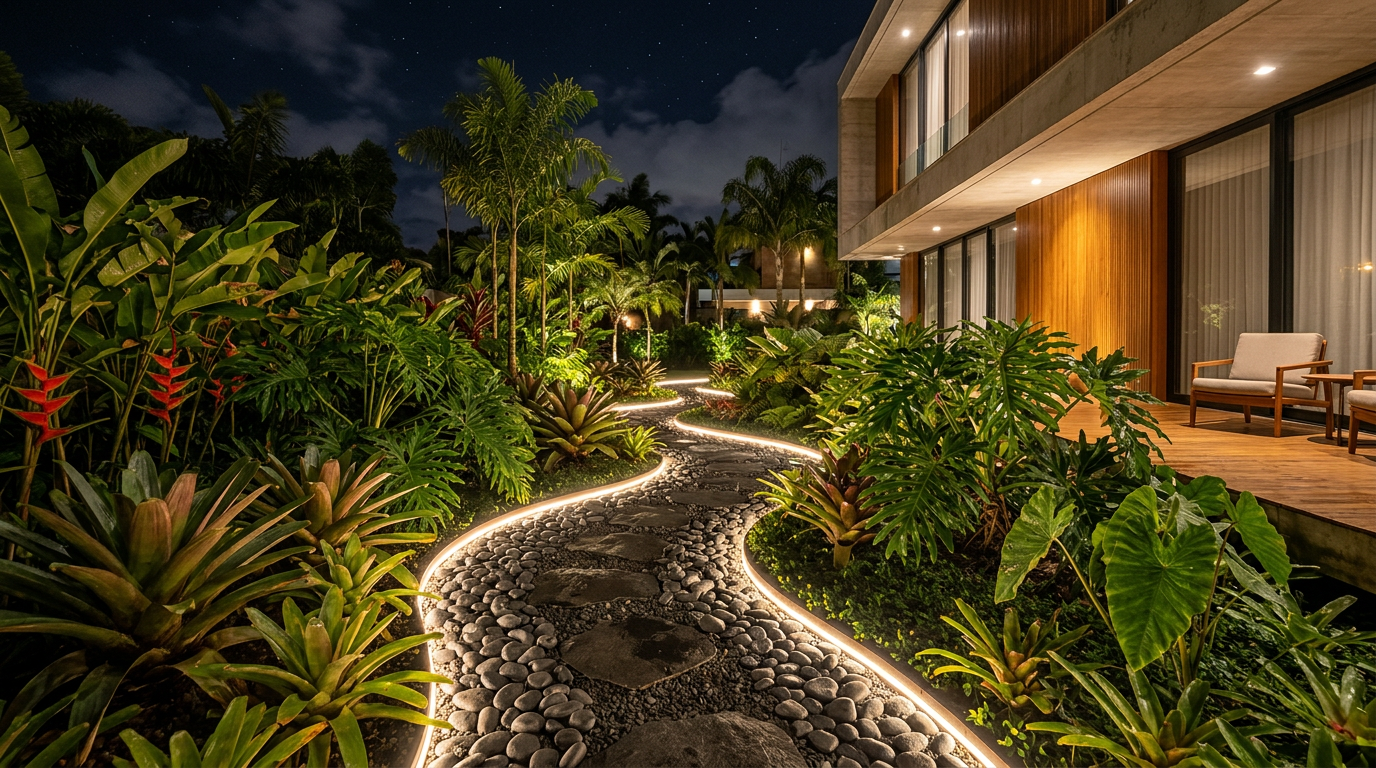 Jardim externo com fitas LED no caminho, plantas tropicais iluminadas