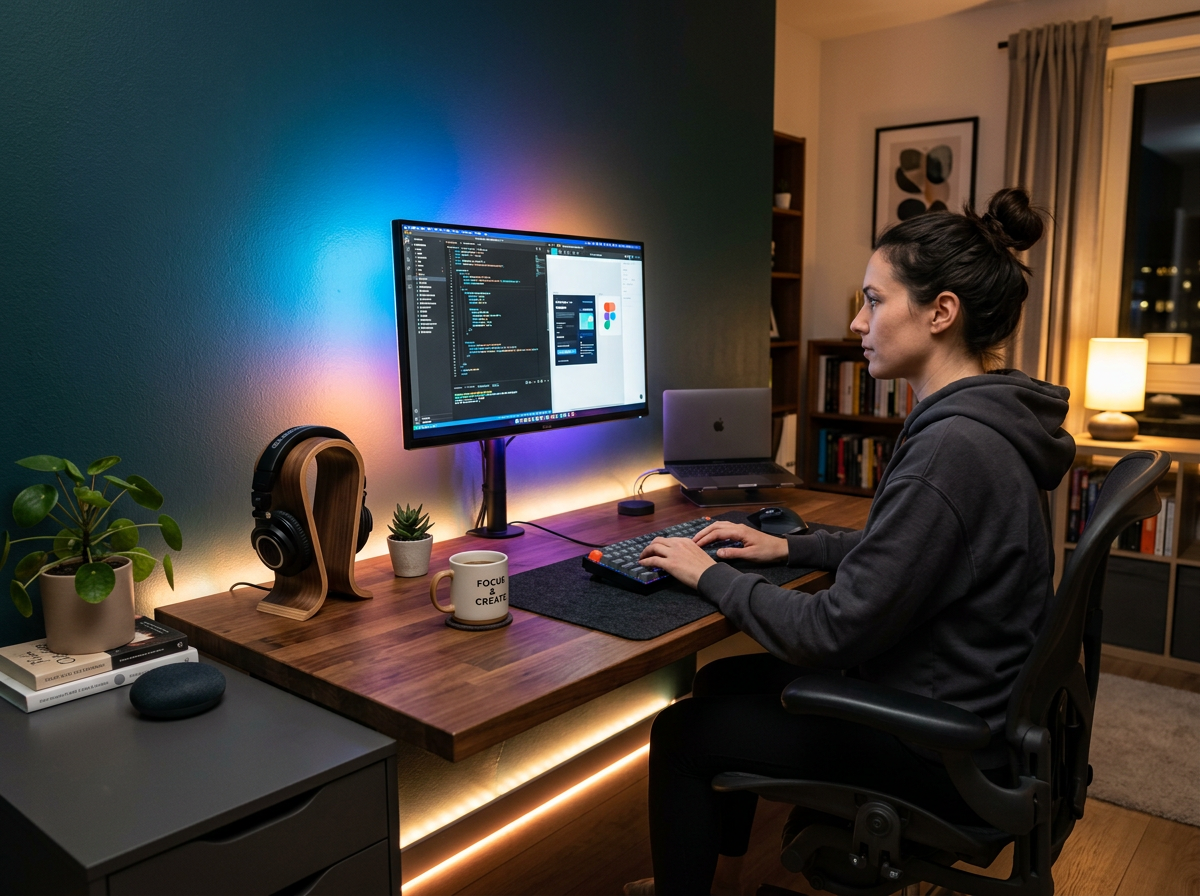Home office com retroiluminação LED RGB sob mesa e atrás do monitor