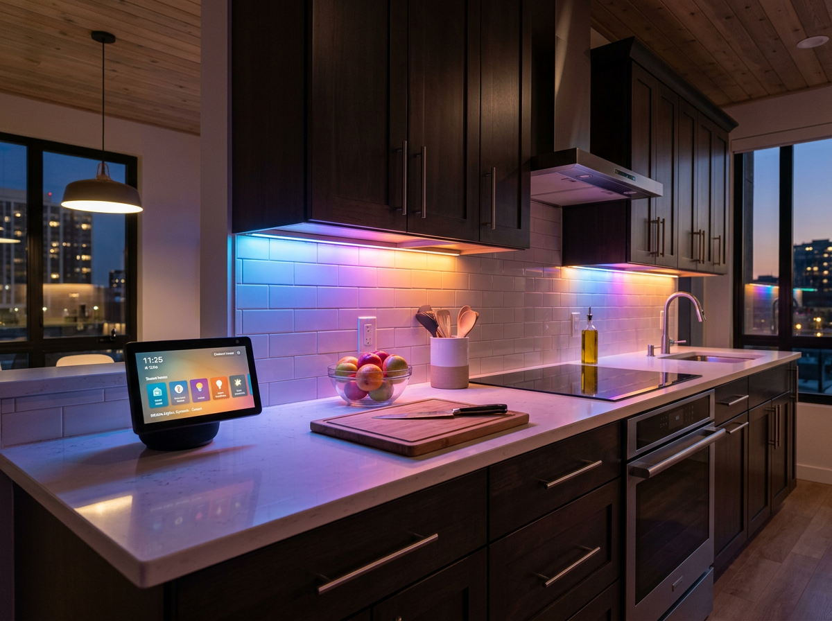 Cozinha moderna com fita LED sob armários iluminando a bancada