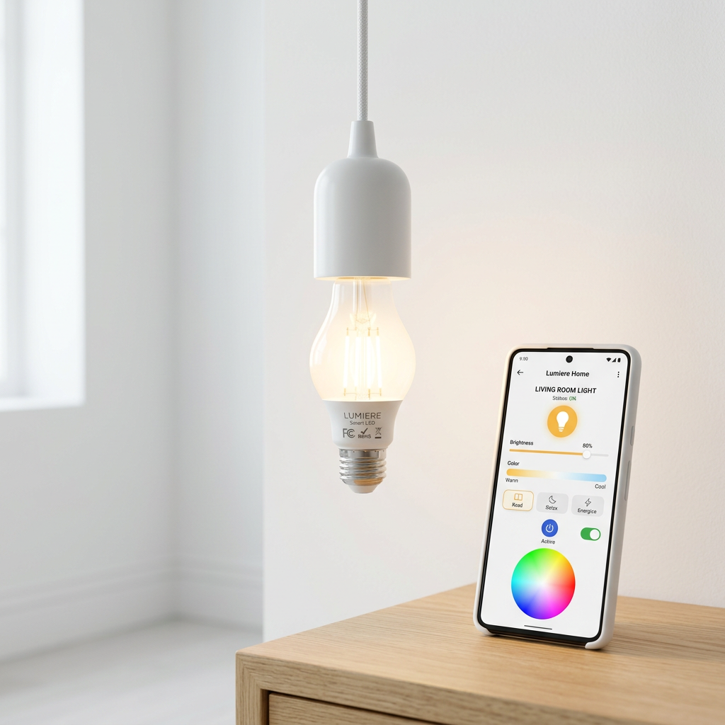 Lâmpada LED inteligente ao lado de smartphone com app de controle aberto