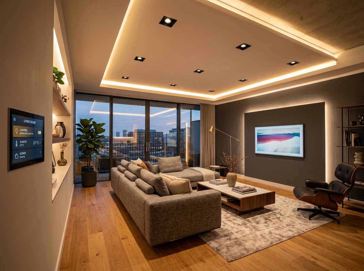 Sala de estar moderna com spots no teto e fitas LED ambiente