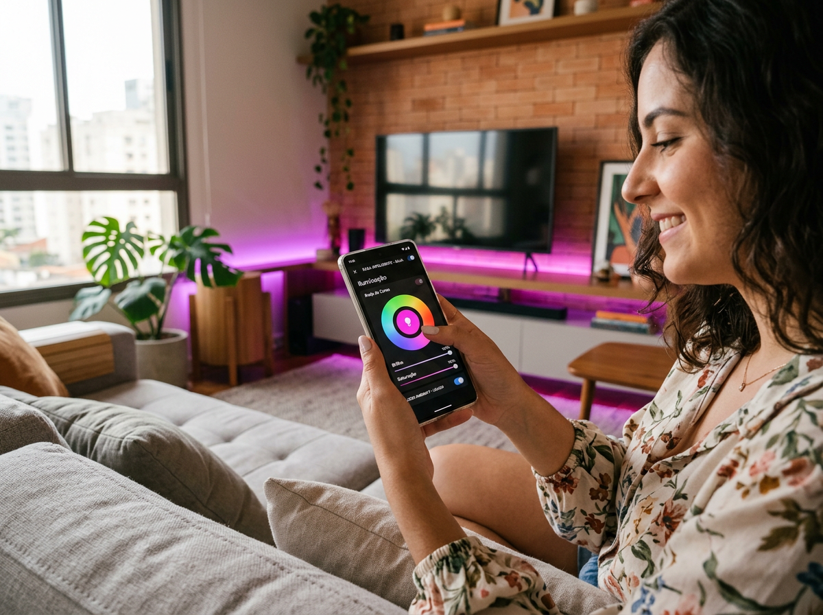 Pessoa controlando iluminação LED inteligente pelo smartphone em apartamento moderno