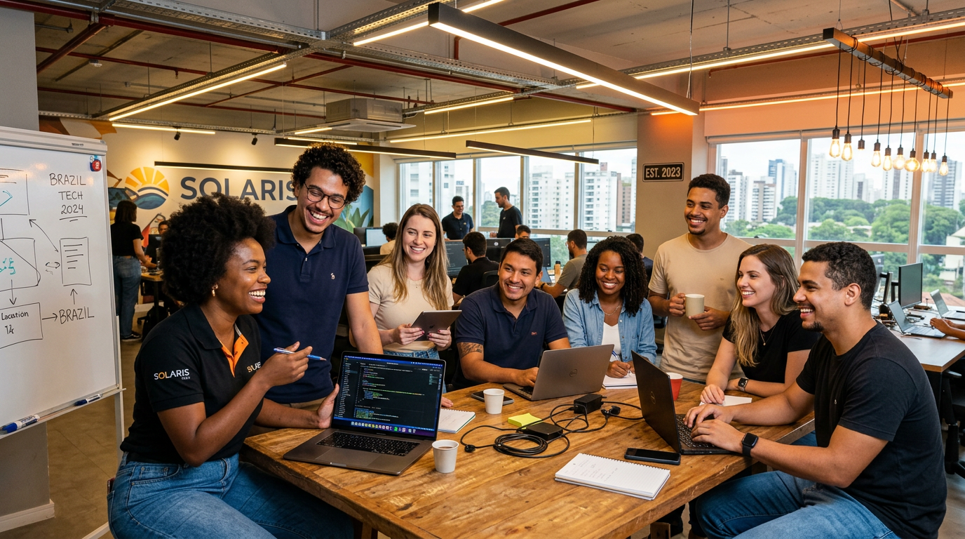 Equipe jovem e diversa da LumiGlow em escritório moderno em São Paulo