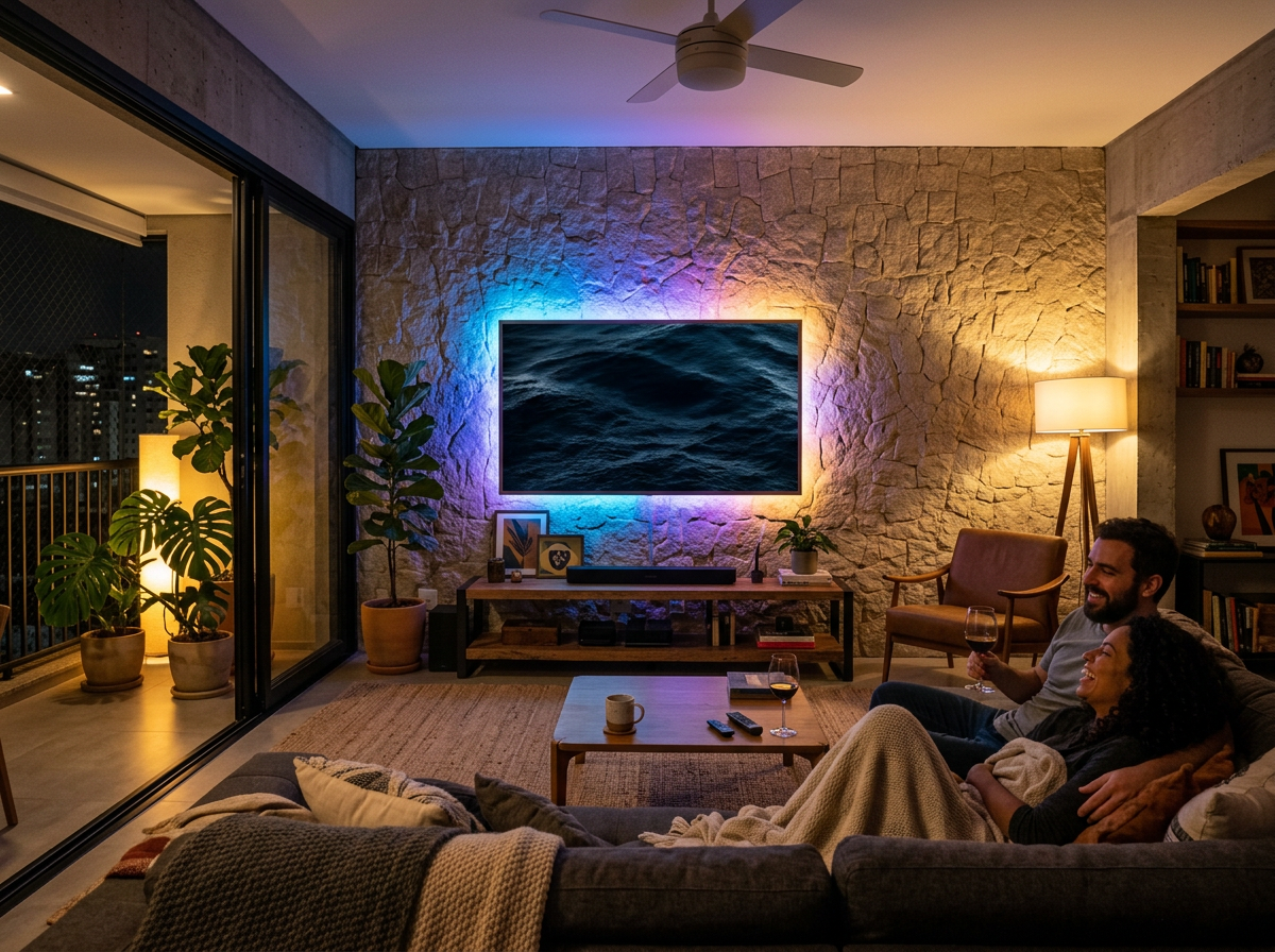 Sala de estar com retroiluminação LED colorida atrás da televisão